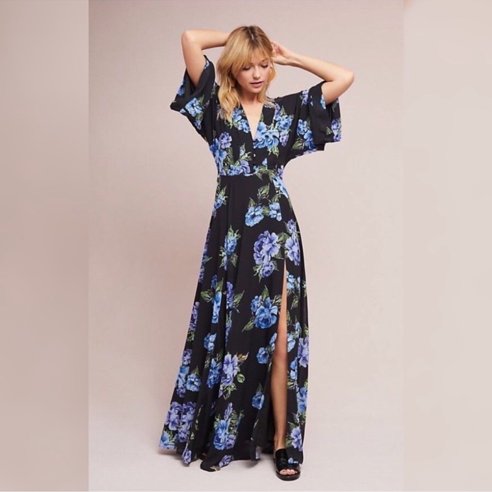 ANTHROPOLOGIE / YUMI KIM Black & Blue Floral Kimono Maxi Dress - Sz XS
